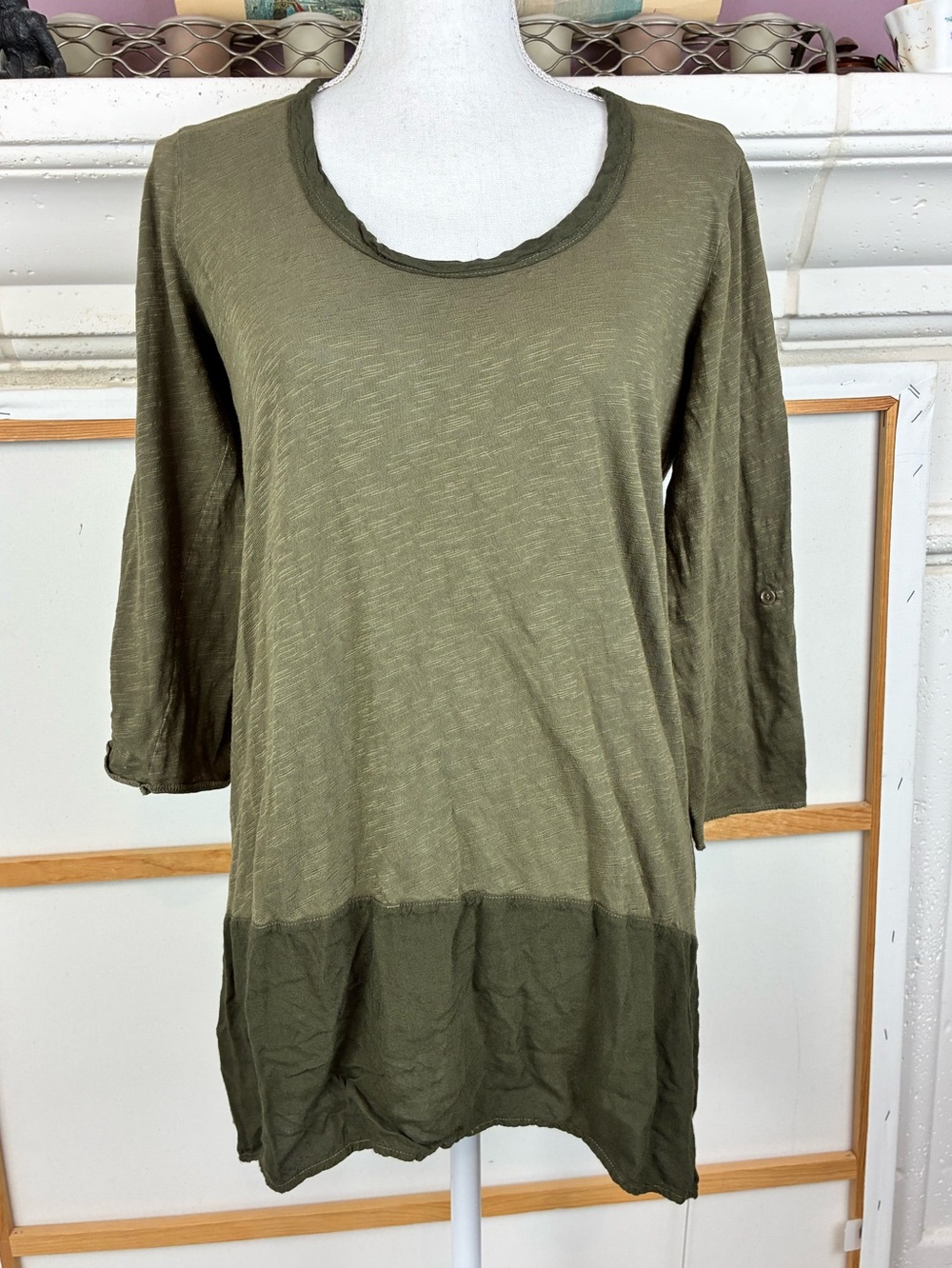 Left of Centre Back Button Two-Tone Olive Green Tunic Top